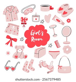 Girls' pink set. Cute things in hearts from a girl's room. Pink pajamas, sleep mask, cup, candle, bow, teddy bear.
