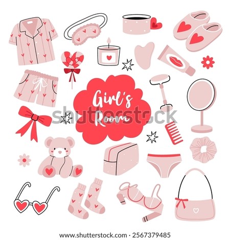 Girls' pink set. Cute things in hearts from a girl's room. Pink pajamas, sleep mask, cup, candle, bow, teddy bear.