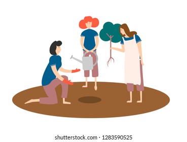 girls plant a tree,family is engaged in gardening,Vector image, flat design