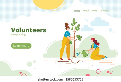  Girls are planting a tree. Volunteering page concept. Vector graphics. Flat illustration.