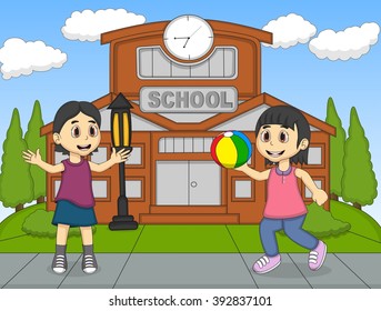 Girls play ball in the school cartoon vector illustration