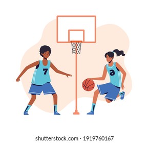 Girls play basketball. Flat design concept with african women who go in for sports, play ball, hammer the ball into the basket. Vector illustration 