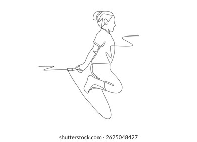 Girls play jumping rope. Kid jumps rope concept one-line drawing