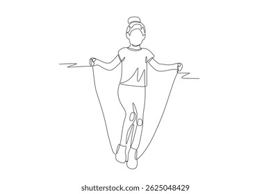 Girls play jumping rope. Kid jumps rope concept one-line drawing