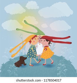Girls play in the meadow. Imagine that they have long hairю