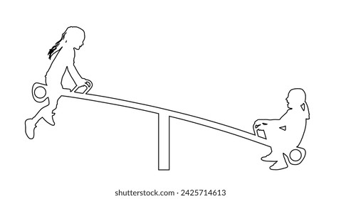 Girls play seesaw vector line contour silhouette illustration. Rocking chair climbing teeter. Happy kids fun entertainment park. Children fun after school. Friends outdoor recreation. Sisters swinging