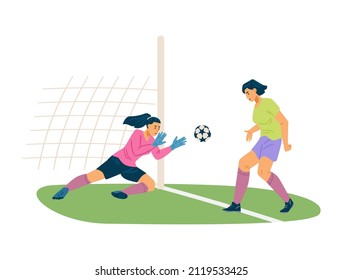 Girls play soccer sport. Woman soccer goalkeeper save the ball. Female football player kick the ball trying to score a goal, soccer match scene vector illustration.