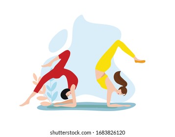 girls play sports. Flat vector illustration of women training in sports uniform and with sports equipment 