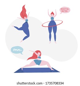 Girls play sports at home. Entertainment at home.   Girls involved in sports. Seth. A break from social networking. Healthy lifestyle. Illustration of people. Vector illustration. Digital detox