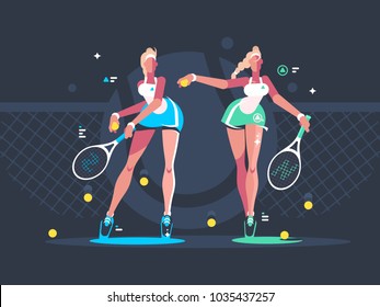 Girls play tennis on court. Sport woman with rackets. Vector illustration