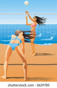 Girls play volleyball on a beach. The vector image with two grouped and edited characters.