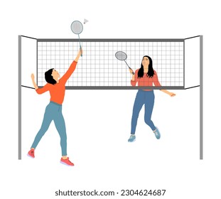 Girls playing badminton vector illustration isolated on white background. Friends sport fun. Badminton lady players in action. Teen outdoor beach activity. Picnic relaxation after barbecue.