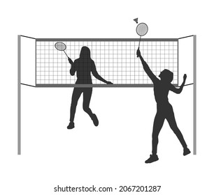 Mädchen, die Badminton-Vektorsilhouette-Illustration spielen, einzeln auf weißem Hintergrund. Freunde des Sports Spaß. Badminton Lady Spieler in Aktion. Tee Aktivitäten im Freien. Picknick Entspannung nach dem Grill.