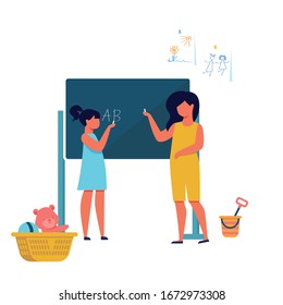Girls Playing with Blackboard Vector Illustration. Little Schoolgirls, Sisters Cartoon Characters. Kindergarten Students Drawing Sun and Writing Letters with Chalk. Primary School Classroom
