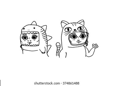 Girls playing. Girls cartoon. Clothing for girls. Big eyes. Cat and dinosaur clothes. Black and white. Clothes cartoon. Clothes isolated.  