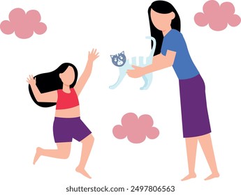 The girls are playing with a cat.