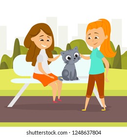 girls playing with a cat in the park. Classmates characterts illustration style cartoon