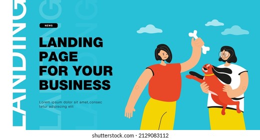 Girls playing with dog flat vector illustration. One woman holding pet in her arms, second holding treat, giving it bone. Animal, pet, friendship, communication, happiness concept for banner design