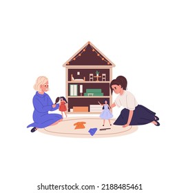 Girls playing with dolls, playhouse on carpet floor in kindergarten. Happy little kids with toys at home. Children friends pastime, communication. Flat vector illustration isolated on white background