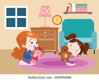 Girls playing with dolls vector concept for banner, website, illustration, landing page, flyer, etc.