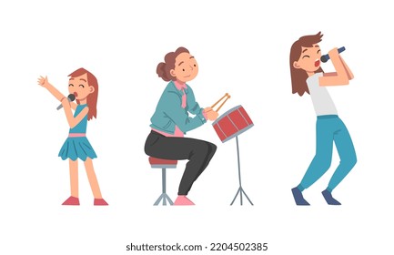 Girls playing drum and singing set cartoon vector illustration isolated on white background