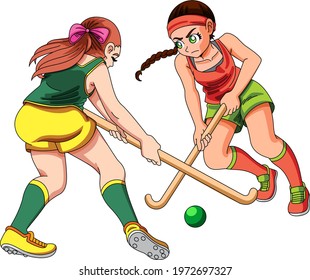 Girls Playing Field Hockey White Background