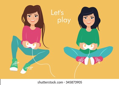 Girls playing. Gamepad. Vector isolated illustration. Cartoon character.