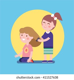 Girls playing hair salon game. Kids brushing hair with a comb. Modern flat vector illustration clipart.