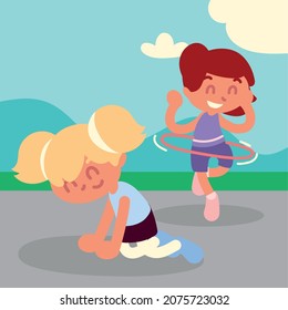 girls playing and having fun cartoon
