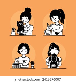 Girls Playing with Her Pet Cat, Dog, Rabbit and Hamster Vector Illustration