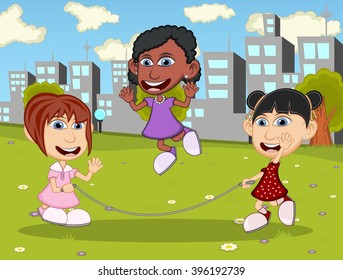 Girls playing jump rope on the park cartoon vector illustration