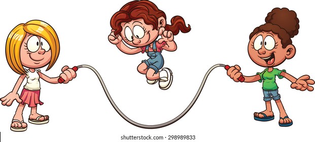 Girls Playing Jump Rope. Vector Clip Art Illustration With Simple Gradients. All In A Single Layer.