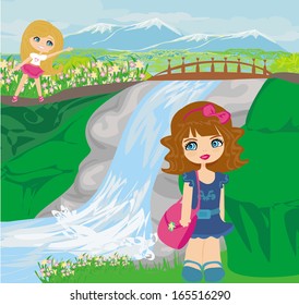 girls are playing nearby waterfall