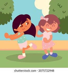 girls playing on grass cartoon