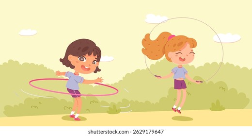 Meninas brincando no parque. Crianças no playground com corda e bambolê. Atividades ao ar livre no quintal. Ilustração de vetor de desenhos animados.