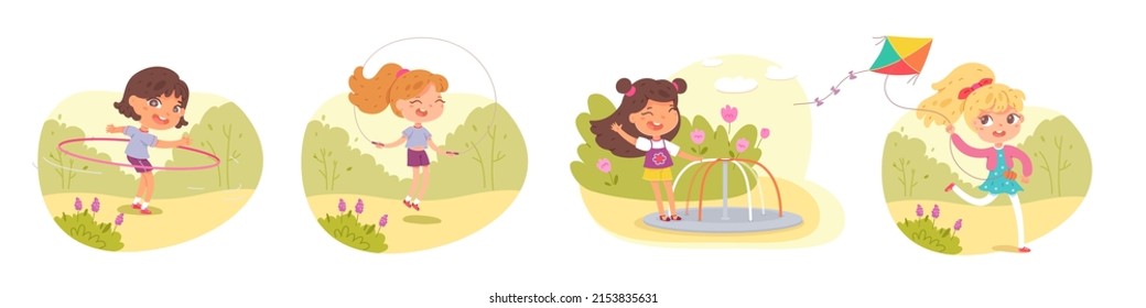 Niñas jugando en el parque o en el parque infantil. Niños felices haciendo actividades al aire libre de verano ilustraciones vectoriales. Niña con cometa voladora, niña con halahup y cuerda saltadora, en columpio, carrusel.