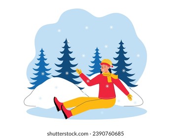 Girls playing in the park when it snows, having fun winter holidays, vector illustration.