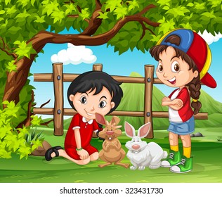 Girls playing with rabbits in the farm illustration