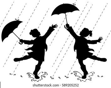 Girls Playing In Rain - Silhouette - Vector Illustration