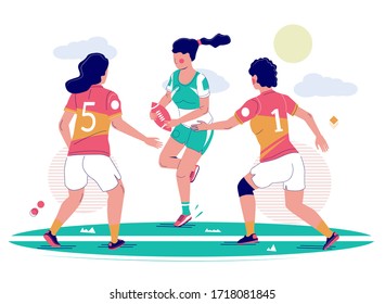 Girls playing rugby football sport game on field, vector flat illustration. Women rugby competition, championship, training concept for poster, banner etc.