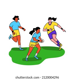 Girls playing rugby football sport game on field, vector flat illustration. Women rugby competition, championship, training concept for poster, banner etc.