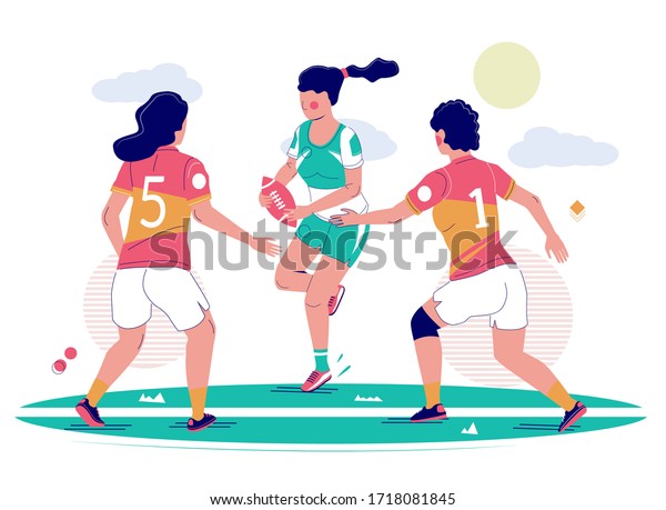 Girls playing rugby\
football sport game on field, vector flat illustration. Women rugby\
competition, championship, training concept for poster, banner\
etc.