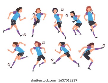 Girls Playing Soccer Collection, Young Women Football Players Characters in Sports Uniform Kicking the Ball Vector Illustration