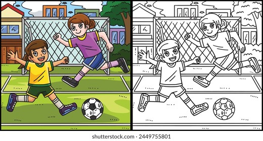 Girls Playing Soccer Coloring Page Illustration