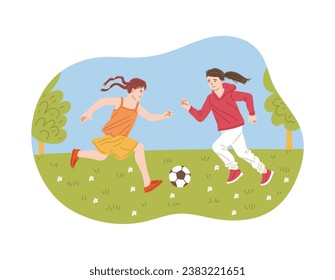 Girls playing soccer, kicking ball on field playground. Children play sport competitive football game on park. Kids running, outdoor sport activity vector flat isolated illustration