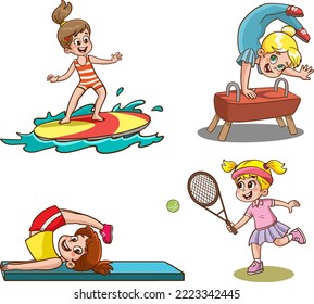 Girls Playing Sports Kids set Vector Illustration