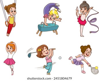 Girls Playing Sports Kids set Vector Illustration