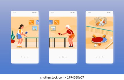 Girls playing table tennis ping pong sport game. Mobile app screens, vector website banner template. UI, web site design