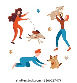 Girls playing with their pet, frolic with a dog Walking with animals Vector illustrator