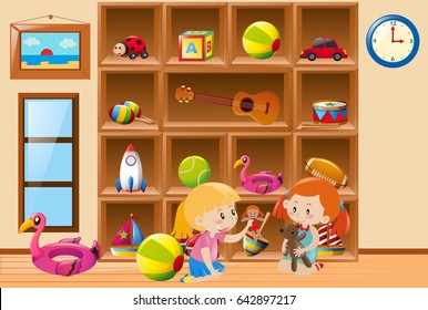 Girls playing with toys in room illustration